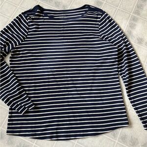 LL Bean Navy Blue Ivory Stripe Classic Long Sleeve Tee
